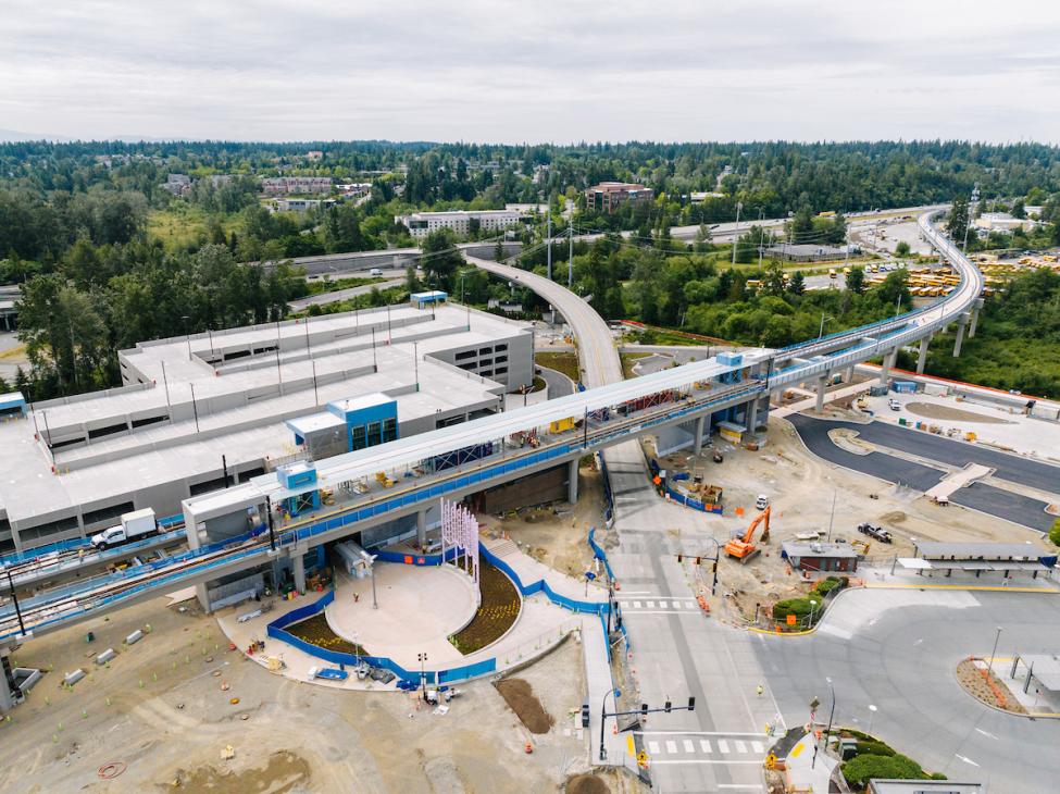 A drone shot of construction at the future Lynnwood light rail station