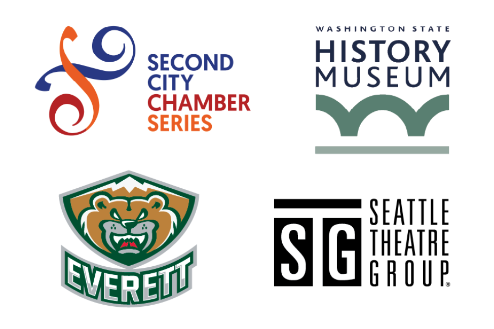 Logos for Second City Chamber Series, Washington State History Museum, Everett Silvertips, Seattle Theatre Group.