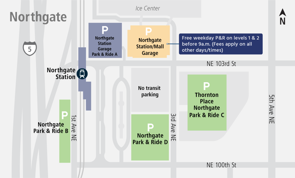 Map indicating Northgate Station/Mall Garage