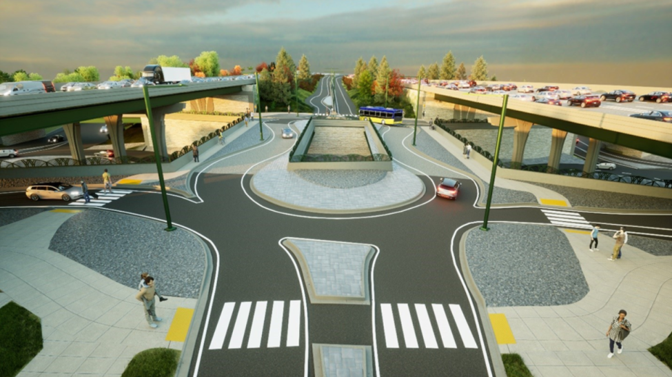 A rendering of the Northeast 85th Street interchange and inline Stride station looking north on I-405 in Kirkland. 