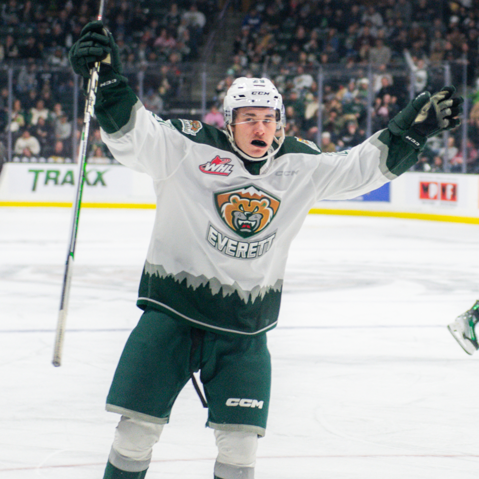 An Everett Silvertips player celebrates a great play.