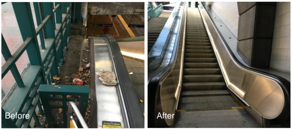 Before and after photos show the cleaning that's been done on the escalators at International District Chinatown Station