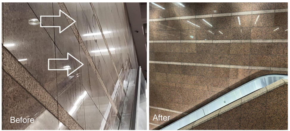 The walls of Pioneer Square Station are polished to a shine in the 'after' photo following a deep clean, compared to a 'before' photo