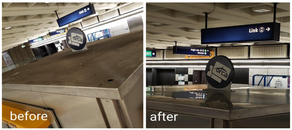 The top of a ticket vending machine pre- and post-polish