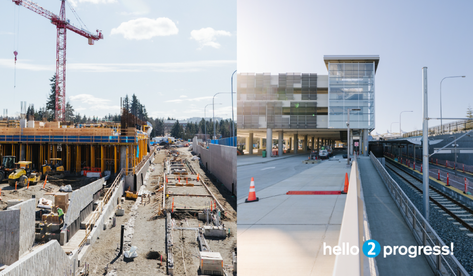 A side-by-side comparison of Redmond Technology Station during and after construction