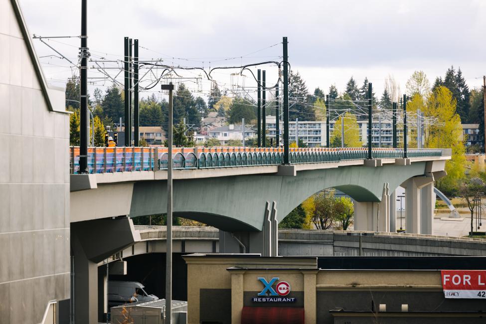 The completed bridge over I-405 ready for trains