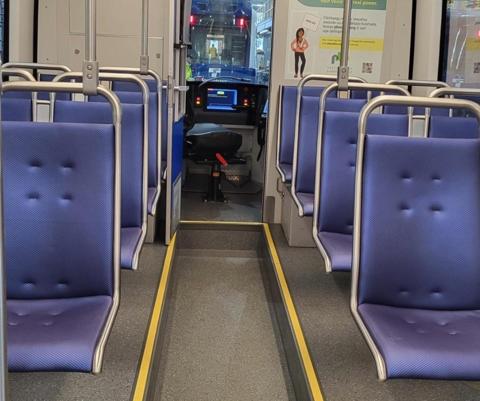 New blue vinyl seat material on board a Link car