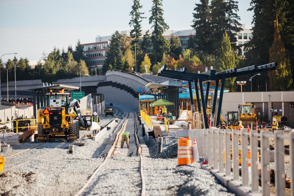 Crews work on Overlake Village Station in 2019, before rail was even installed.