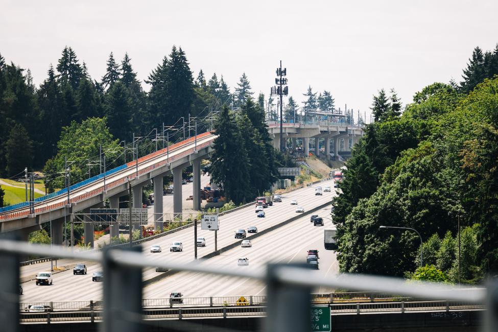 Elevated track of the Lynnwood Link Extension can be seen next to I-5
