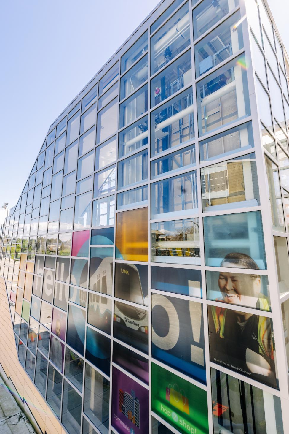 Colorful images adorn the glass at Bellevue Downtown Station 