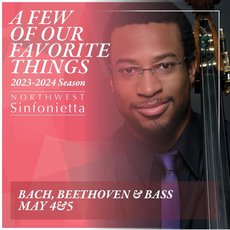 Promo image for Bach Beethoven and Bass on May 4th and 5th at he Rialto theatre featuring double bassist, Zavier Foley