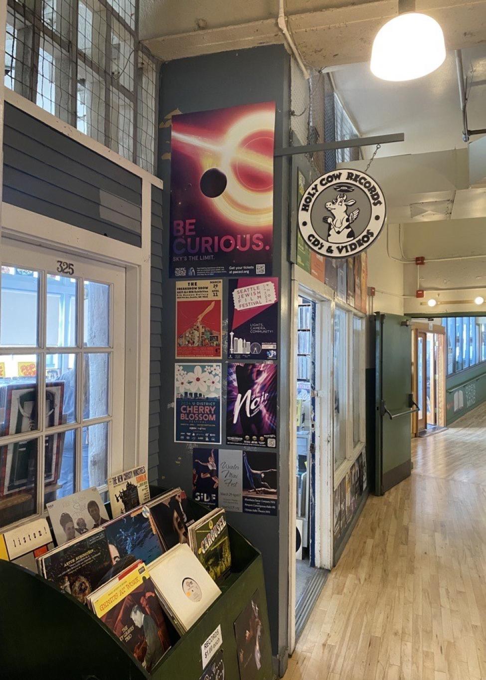 The outside of Holy Cow Records, which is one of the shops in Pike Place Market