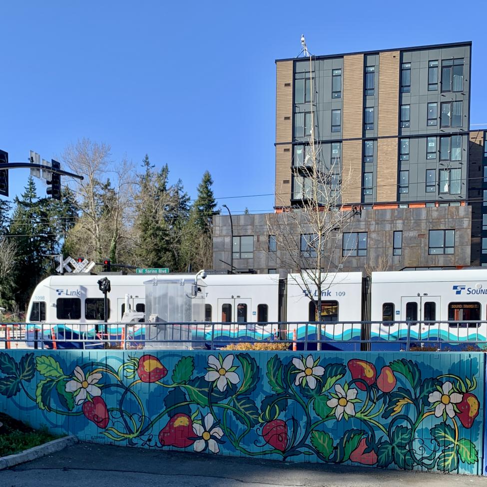 A 2 Line train runs through the BelRed neighborhood, with a colorful floral mural in the foreground