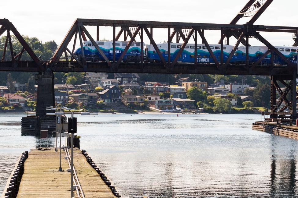 Sounder crosses a bridge near the Hiram M. Chittenden Locks, or Ballard Locks