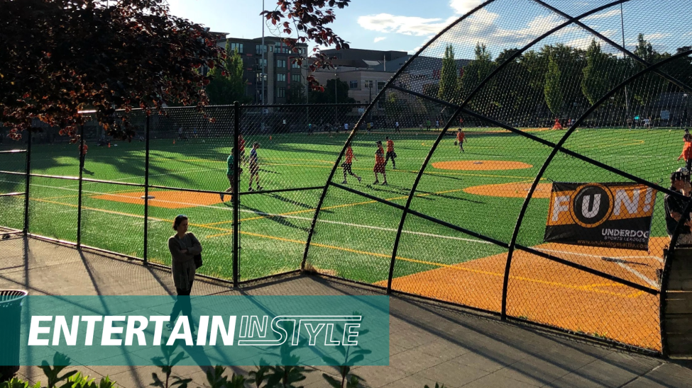 A baseball field with the words Entertain in Style overlaid over.