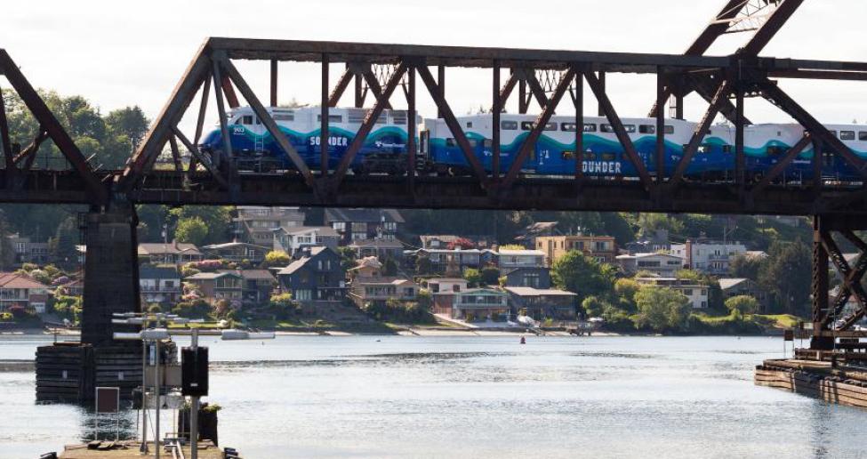 A Sounder train crosses a bridge in Seattle.
