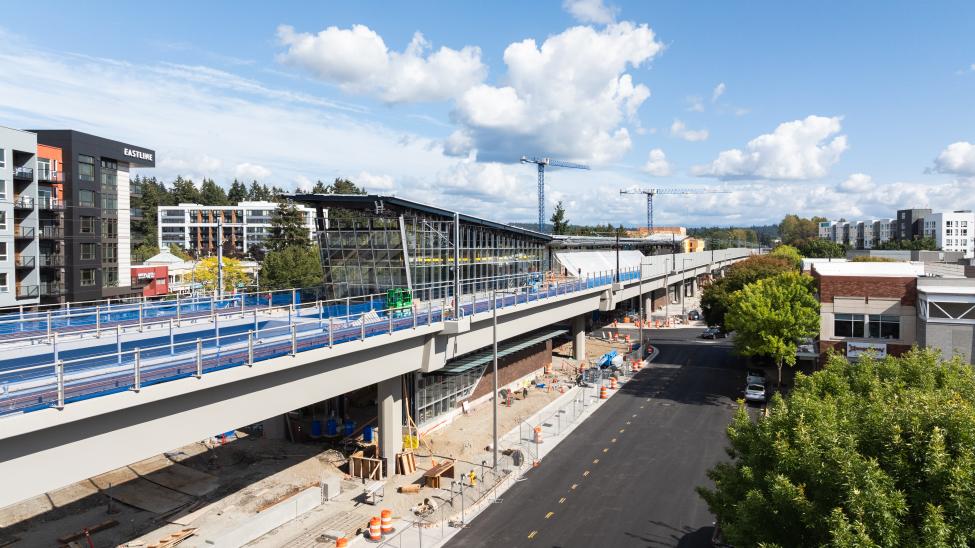 Construction fencing surrounds the almost complete new light rail station in Redmond
