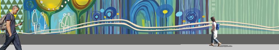Digital rendering of Yeggy Michael's artwork with people walking in front of it