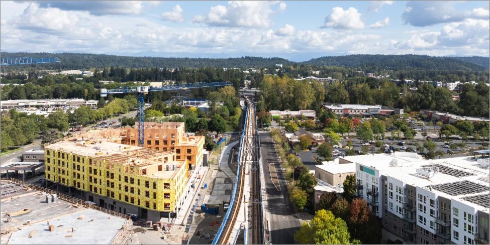 A bird's eye view of development surrounding the Downtown Redmond Link extension.