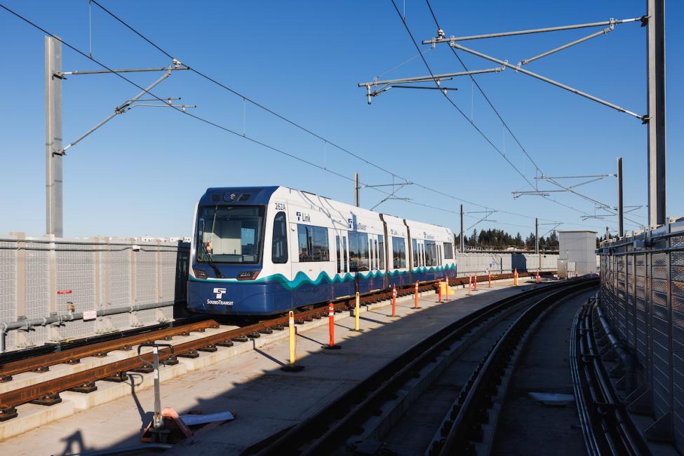 A Link train runs on the tracks near Federal Way Downtown Station.