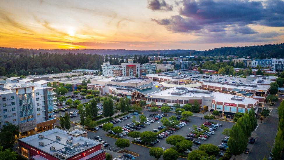 Aerial image of Redmond Town Center at sunset