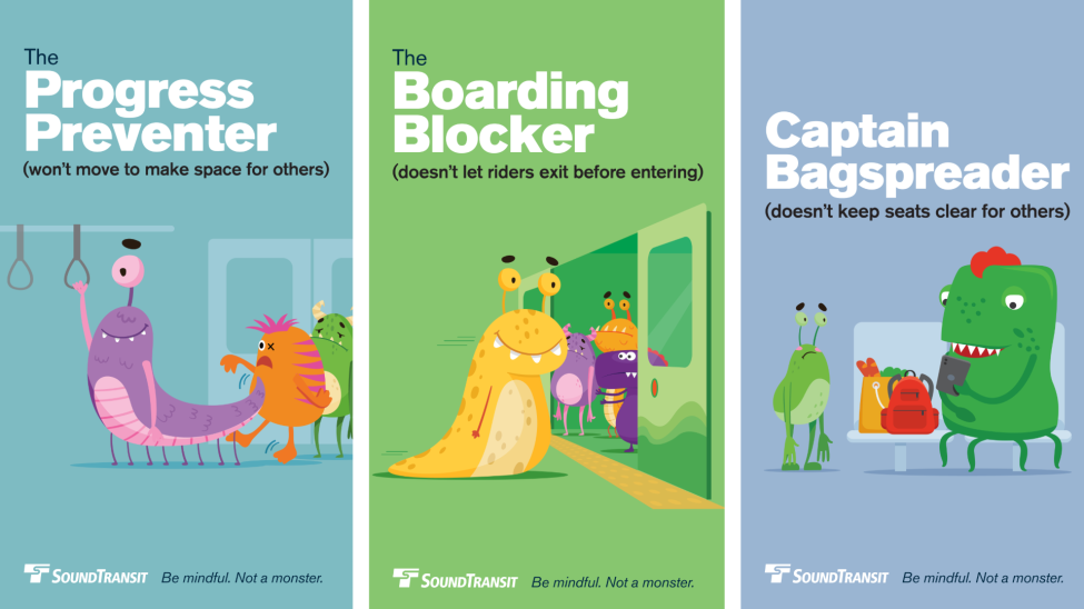 A graphic showing three 'monsters' that aren't following proper rider etiquette: the progress preventer, the boarding blocker and captain bagspreader.