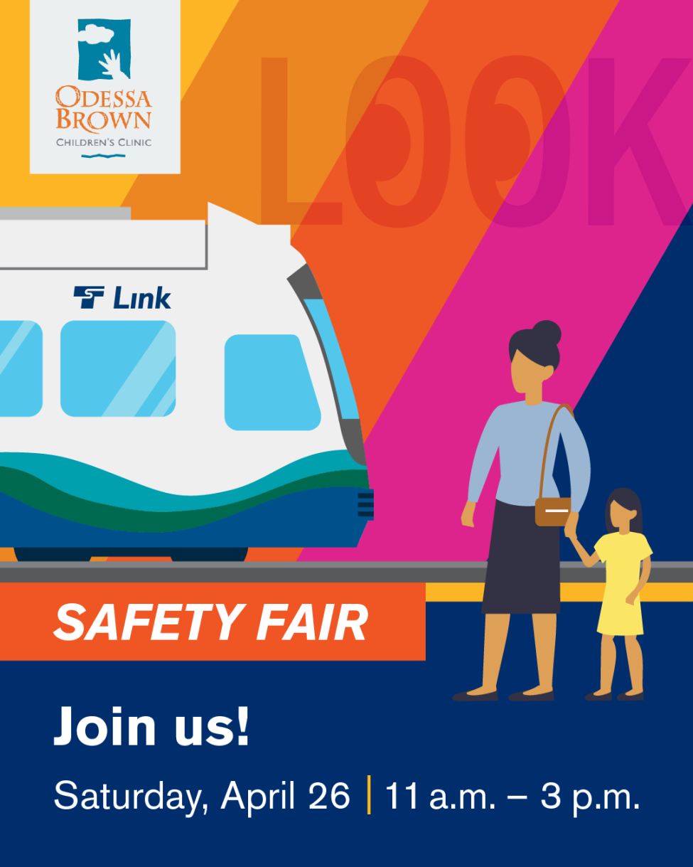A graphic of a parent and child waiting to cross as a Link train approaches. Text reads "Safety Fair. Join us! Saturday, April 26, 11 a.m. to 3 p.m."