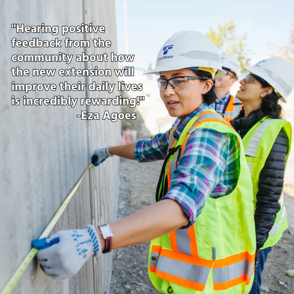 Eza uses a measuring tape on a construction site