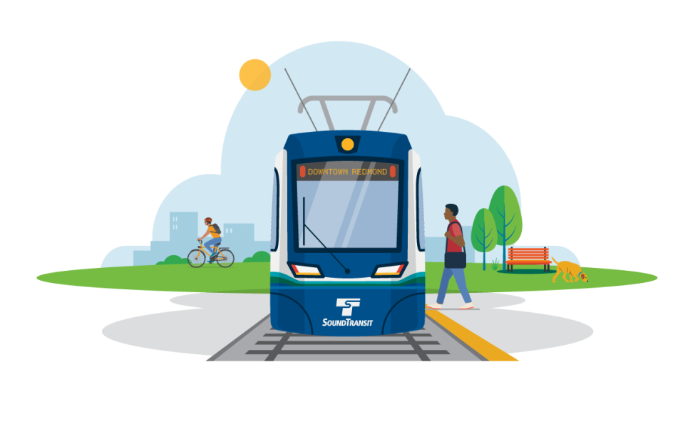 Illustration of a Link light rail train with Downtown Redmond on its headsign.