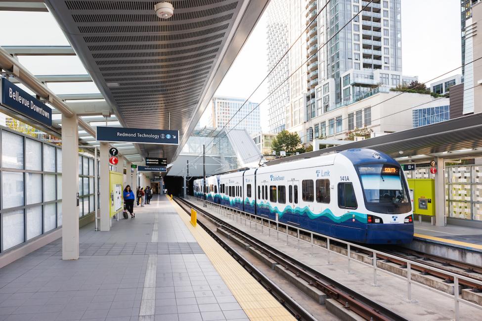 A Link train pulls into Bellevue Downtown Station