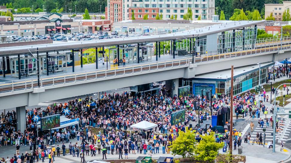 An aerial shot of the crowd gathered for the Downtown Redmond ribbon cutting