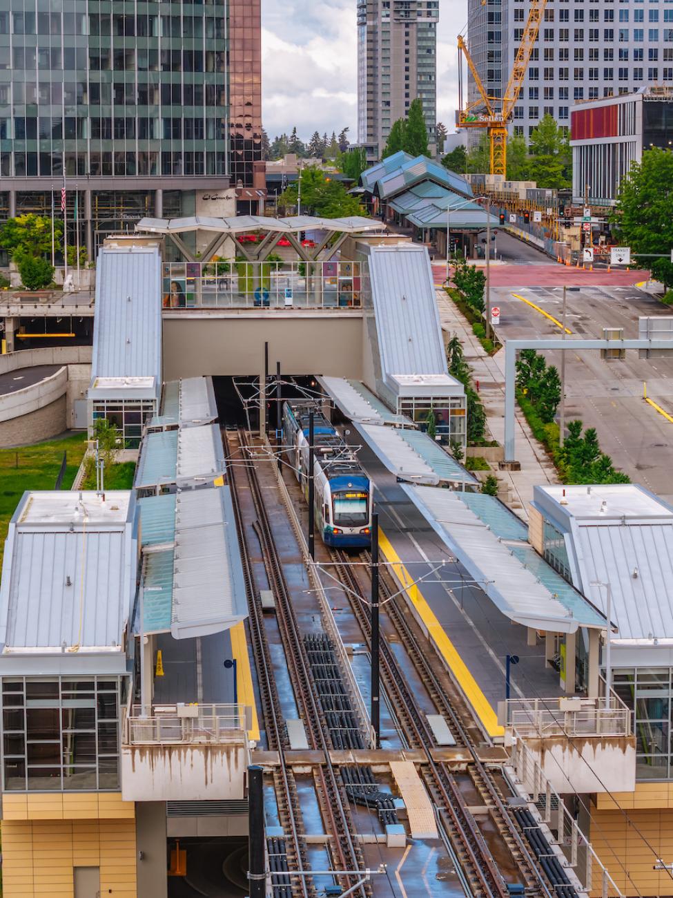 An aerial view of a Link train at Bellevue Downtown Station