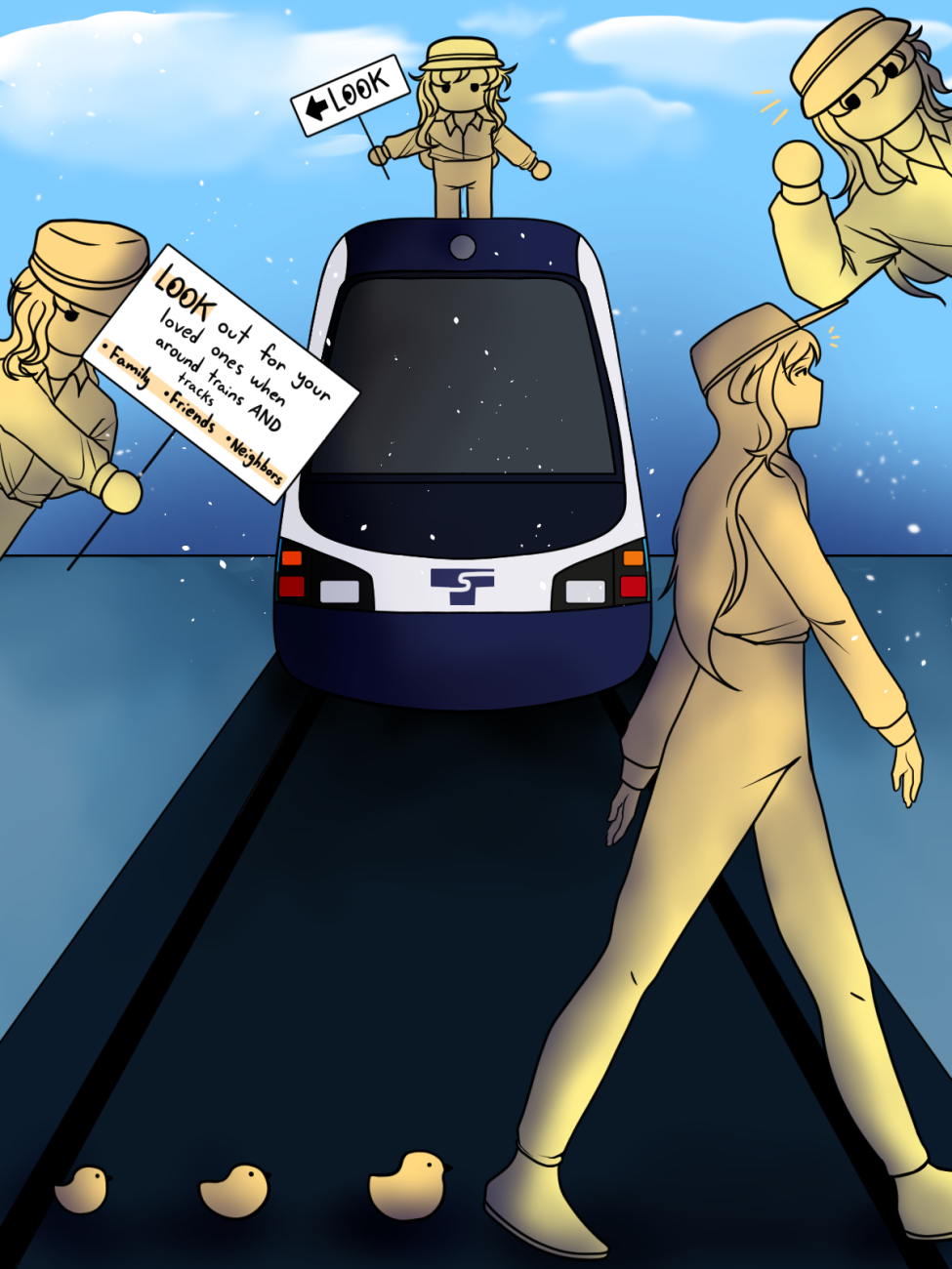 A drawing shows people walking by a Link train