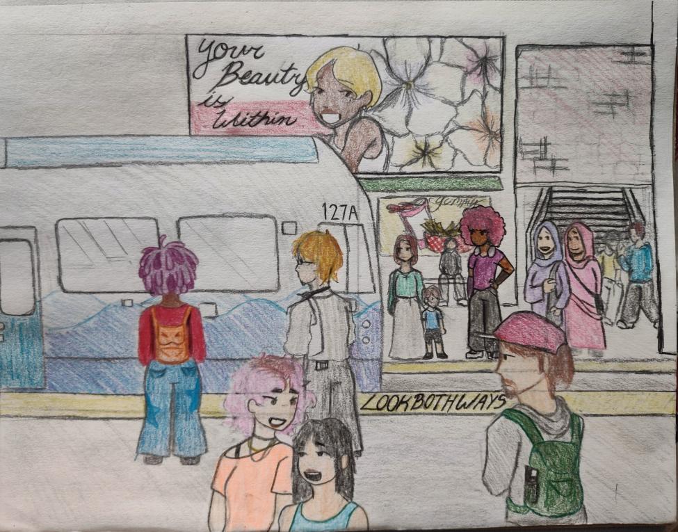 A drawing shows people boarding a train