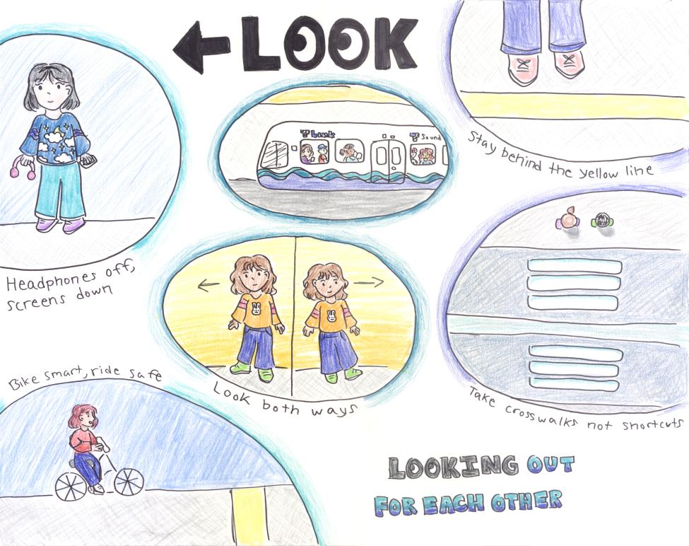 A drawing shows Sound Transit's five safety tips, including stay behind the yellow line and look both ways.