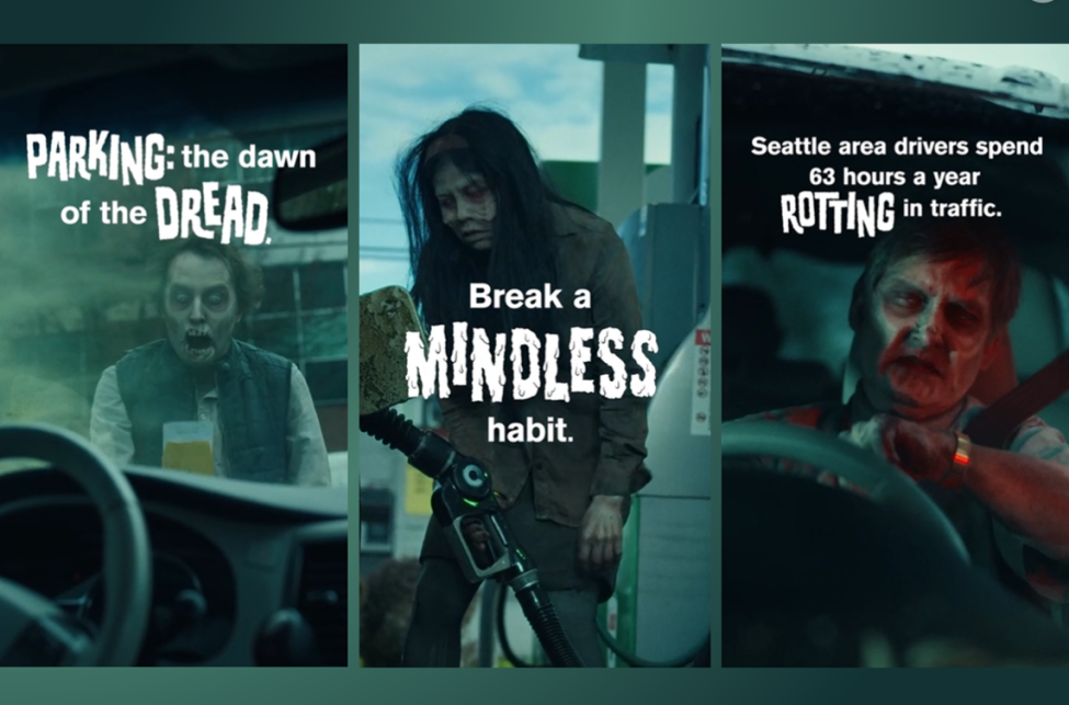 Three ads from Sound Transit's new campaign feature people in zombie makeup encouraging drivers to "break a mindless" habit and try public transit.