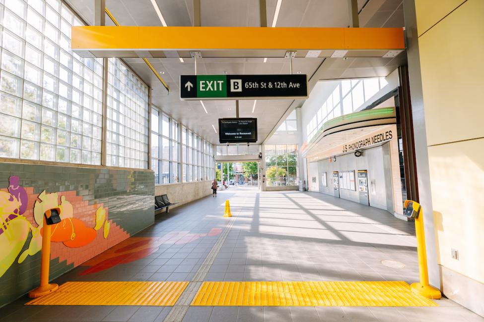 A shot from the station looking out onto the street past the fare paid zone at Roosevelt station