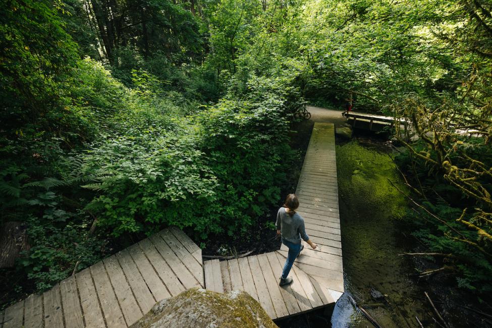 A person walks over a wooden bridge in the Ravenna Ravine from overhead perspective