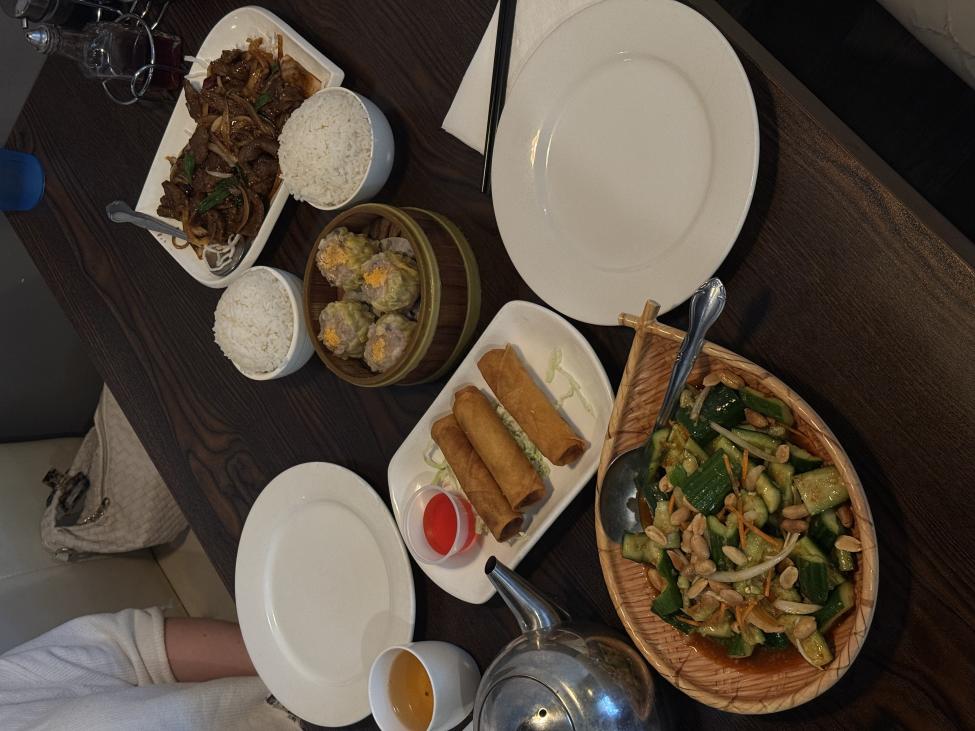 A table of food including egg rolls, noodles and dumplings