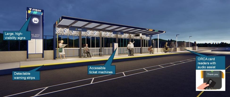 Rendering of Stride BRT station with call-out boxes that point out accessible features.