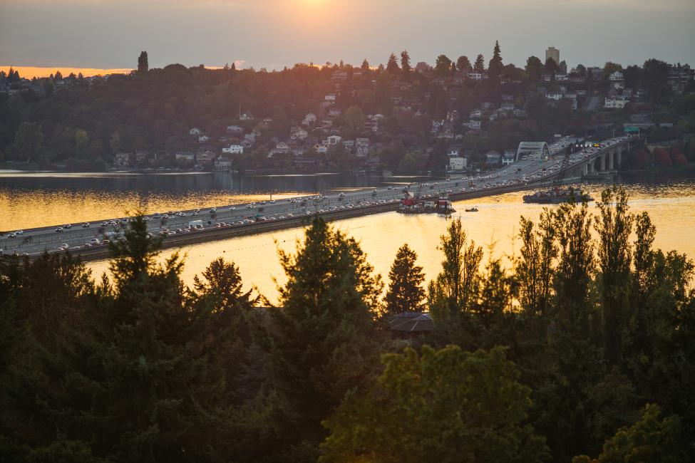 Looking toward Seattle at Lake Washington during golden hour