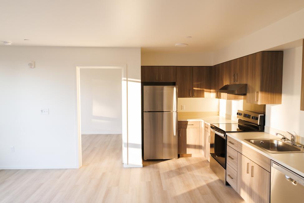 A kitchen in a clean apartment with soft natural lighting