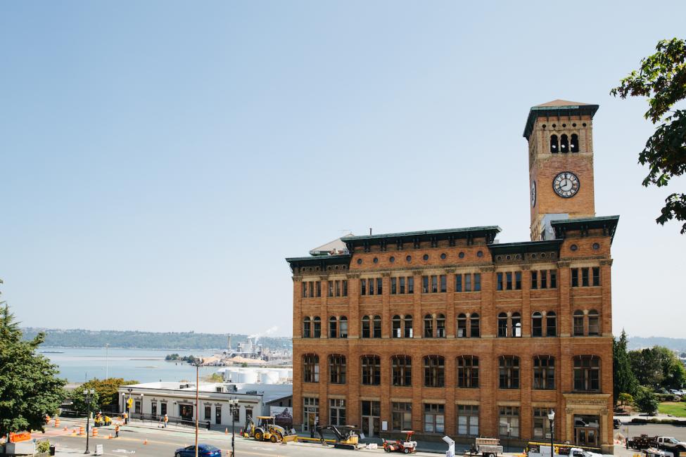 A landscape shot of Old City Hall in Tacoma with the Port in the background