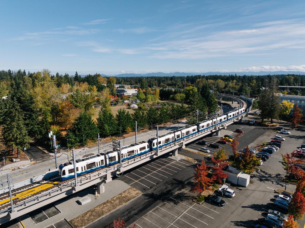A four-car train on the elevated alignment in South King County 