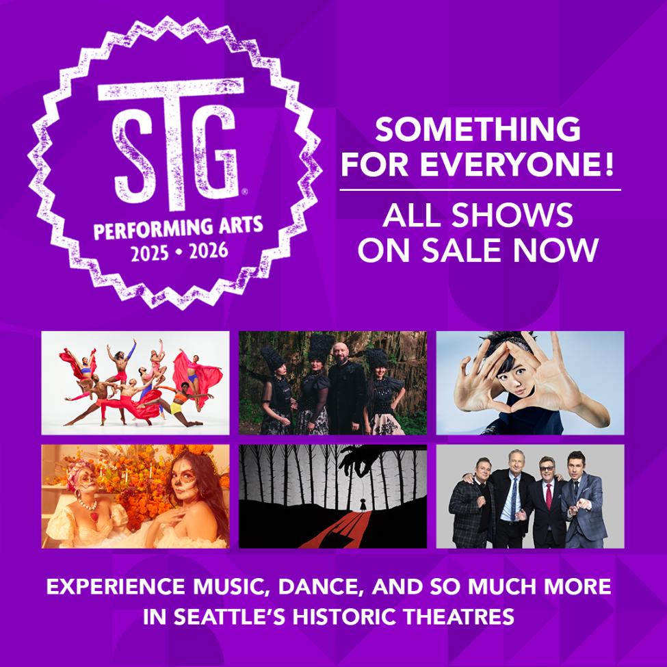 A promotional poster for the STG performing arts series highlighting that all shows have tickets on sale now