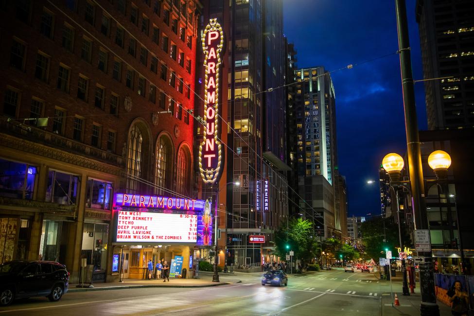 A nighttime photo of the marquee at the Paramount