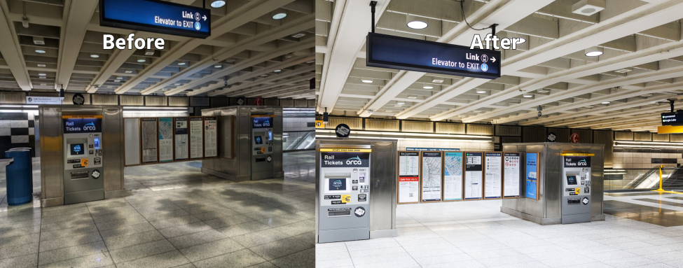 Before and after photos show how the mezzanine of Symphony Station is better lit