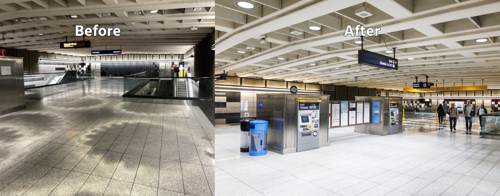 A 'before' photo on the left shows oddly shaped shadows on the Symphony Station floor, while an 'after' shot on the right does not.