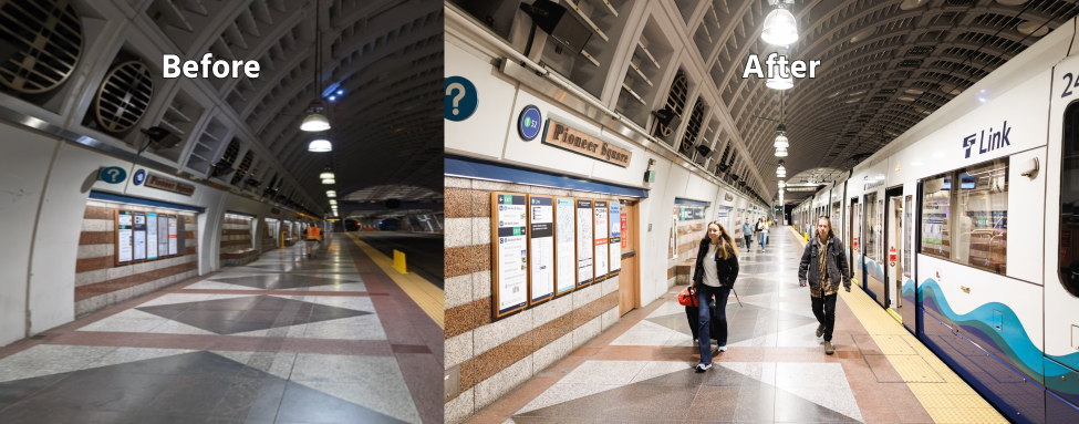 Before and after photos show a brighter platform at Pioneer Square Station