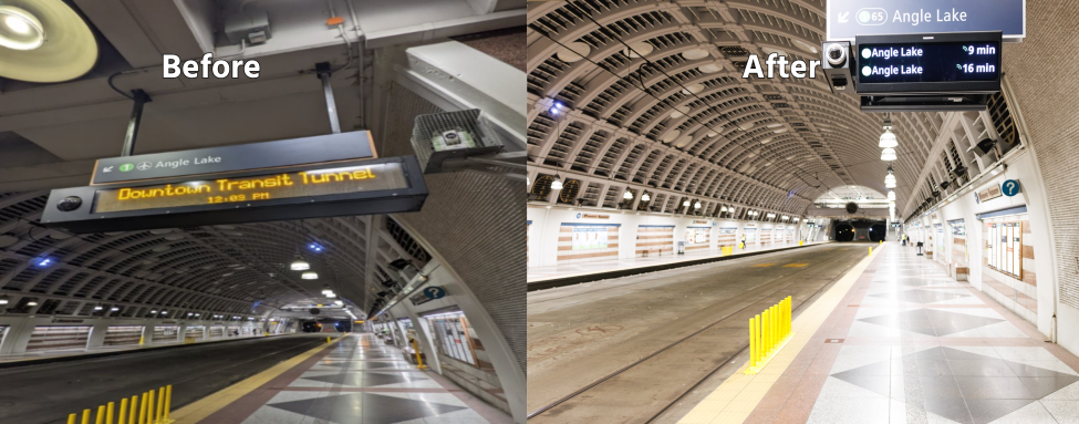 Upgraded digital signs and lighting at Pioneer Square Station 